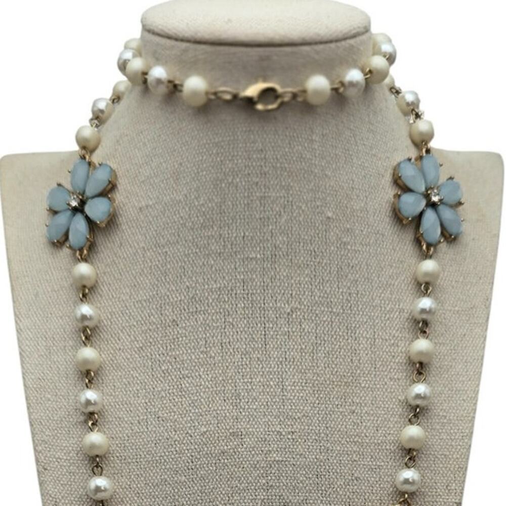 Pearl Floral & Pale Blue Rhinestones Necklace – Romantic Garden Party